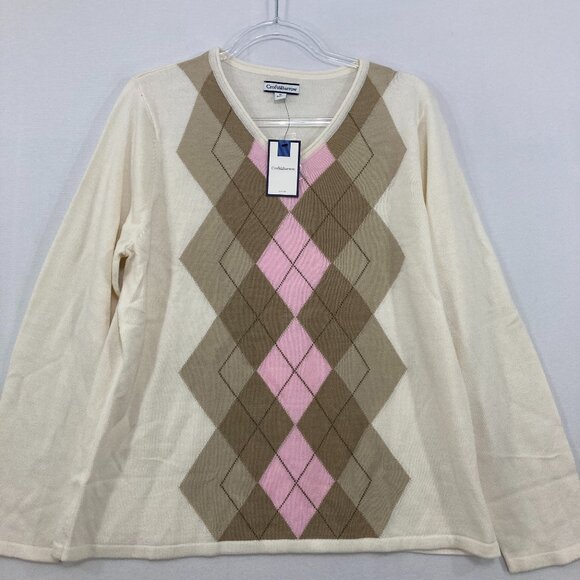 New Croft & Barrow size XL Cream Argyle V neck Light Knit Pullover Sweater - Picture 1 of 10